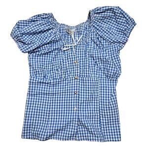 Almsach Cotton Gingham Blue White Button Laced Top Size 36 Medium Cottagecore